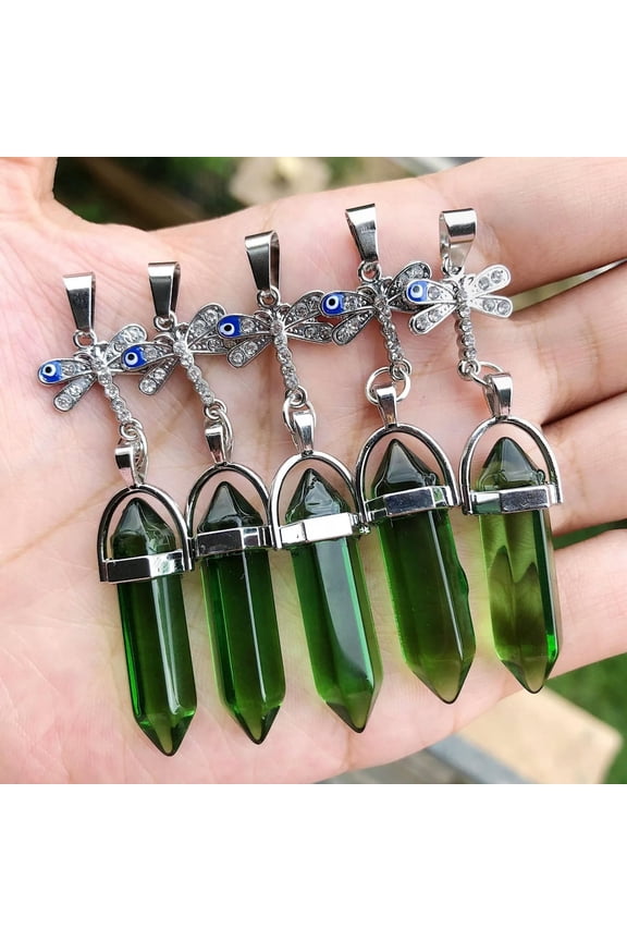 5pcs Healing Green Crystal Stone Pendants Dragonfly Chakra Reiki Amulet Point-default