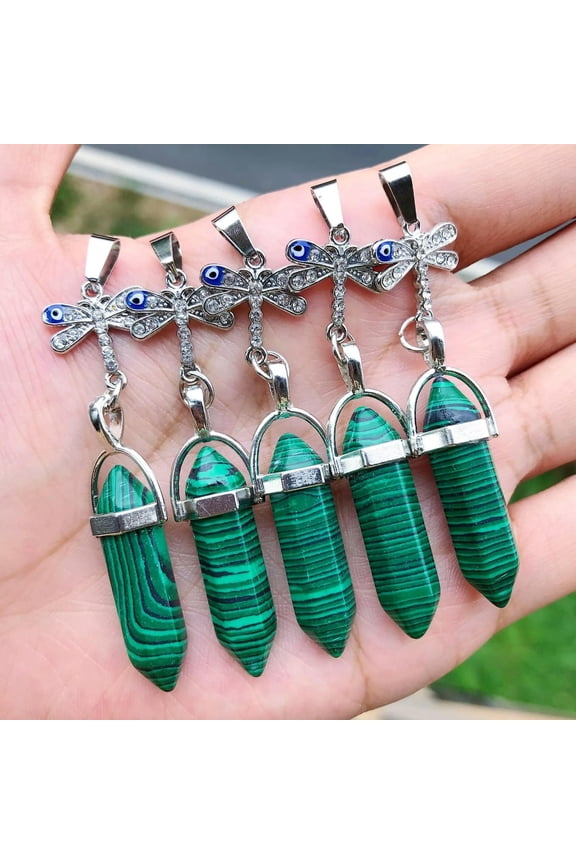 5pcs Healing Malachite Stone Pendants Dragonfly Chakra Reiki Amulet Point-default