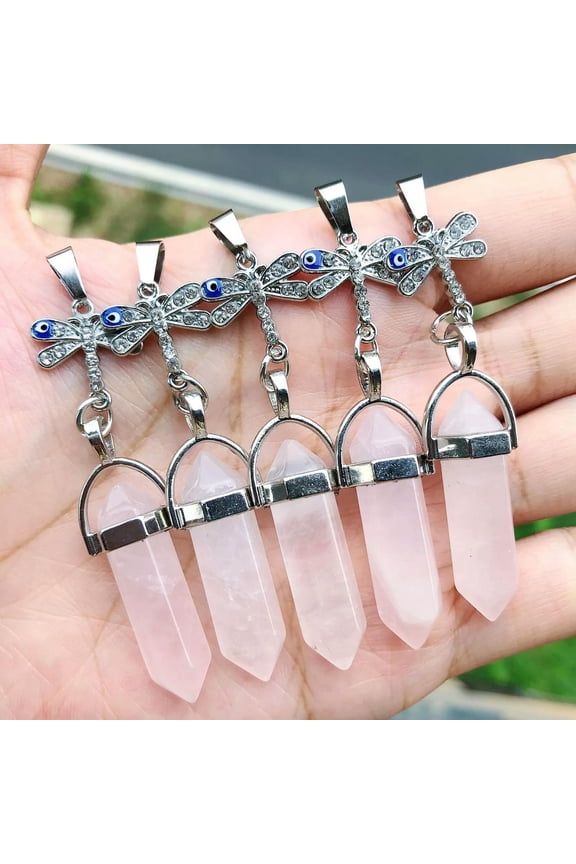 5pcs Healing Rose Quartz Stone Pendants Dragonfly Chakra Reiki Amulet Point-default
