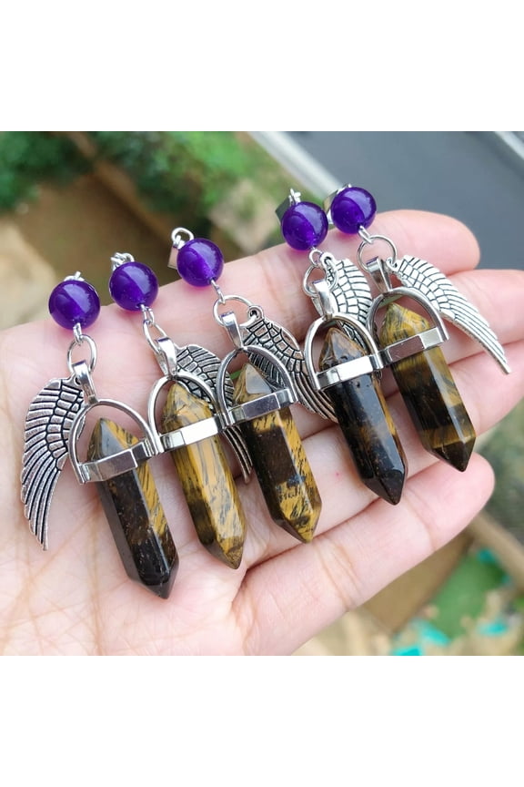 5pcs Healing Tiger Eye Stone Pendants Angel Wing Chakra Reiki Amulet Point-default