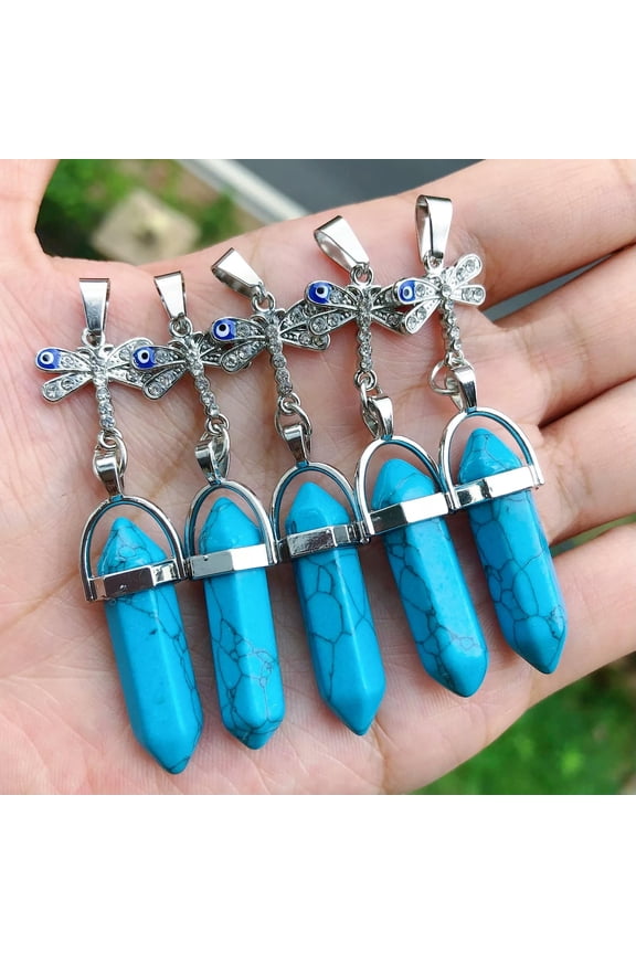 5pcs Healing Turquoise Blue Stone Pendants Dragonfly Chakra Reiki Amulet Point-default