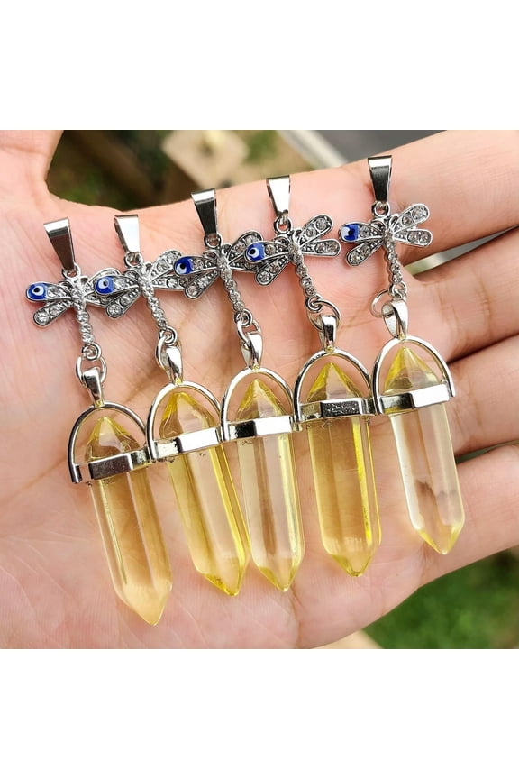5pcs Healing Yellow Crystal Stone Pendants Dragonfly Chakra Reiki Amulet Point-default