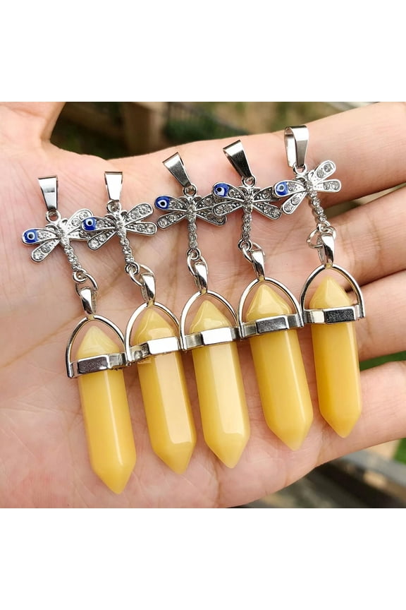 5pcs Healing Yellow Jasper Stone Pendants Dragonfly Chakra Reiki Amulet Point-default