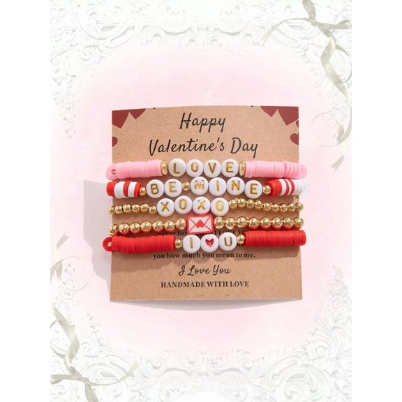 QQTDFG 5pcs Love Be Mine Beaded Soft Clay Bracelet Set for Valentines Day Creative-default