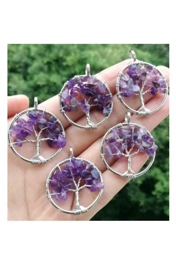 5pcs Natural Amethyst stone Tree of life Pendants Energy Amulet Bead Natural-default