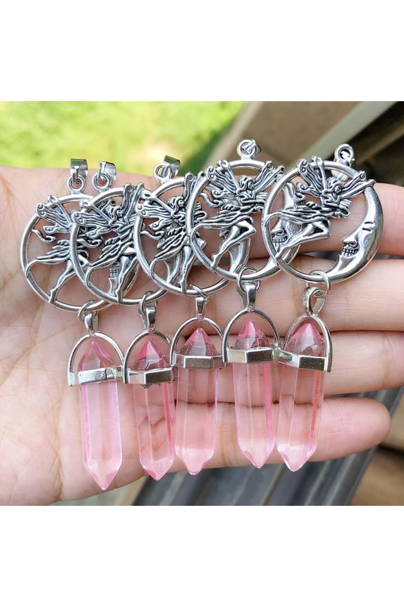 5pcs Pink Crystal Stone Pendants Moon Goddess Chakra Reiki Healing Amulet Point-default