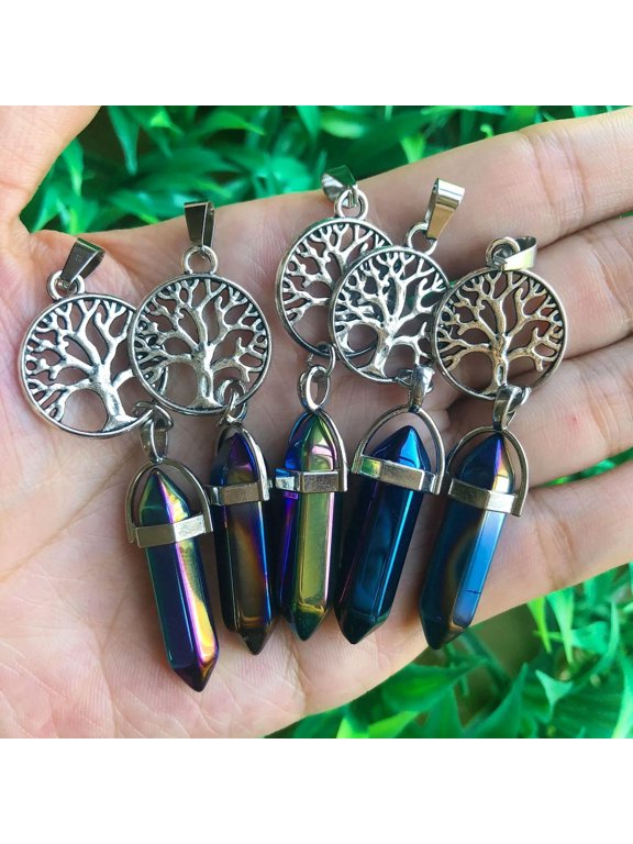 5pcs Rainbow Stone Pendants Tree Of Life Chakra Reiki Healing Amulet Point-default