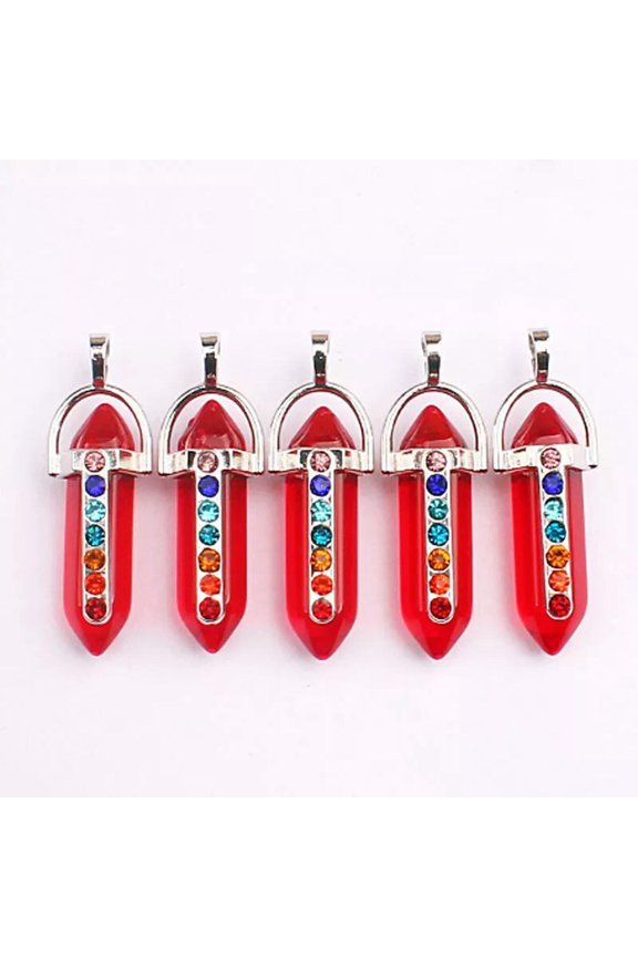 5pcs Red Crystal Gems Hexagon 7 Chakra Pendants Reiki Healing Amulet-default