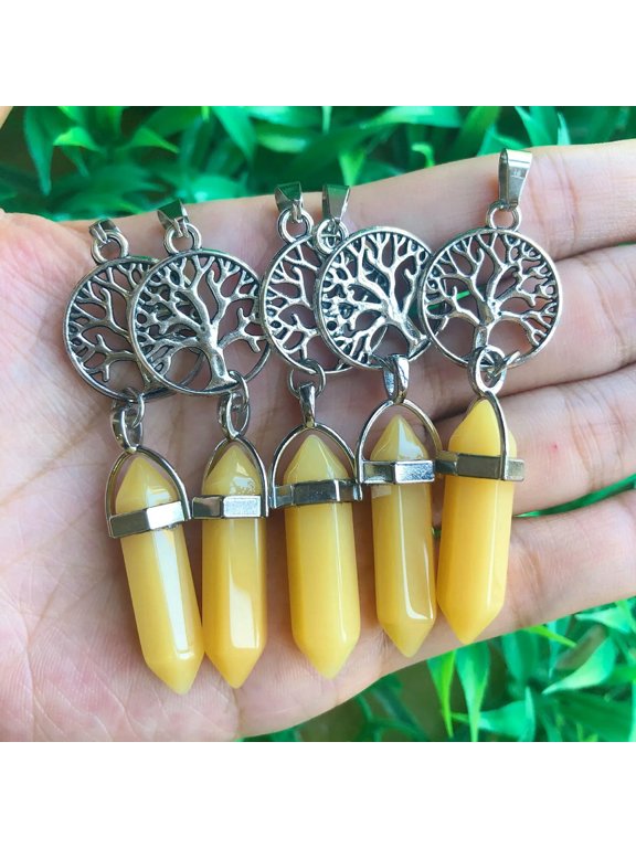 5pcs Yellow Jasper Stone Pendants Tree Of Life Chakra Reiki Healing Amulet Point-default