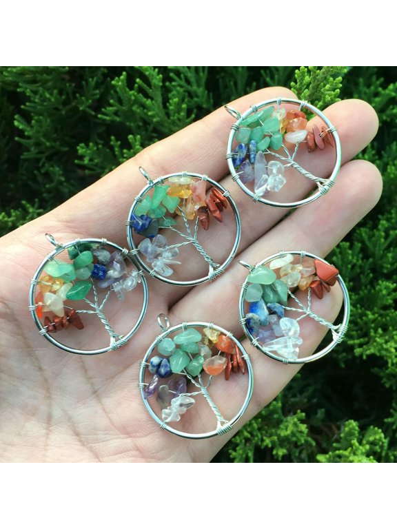 5pcs Yoga 7 Chakra Tree of life Stone Pendants Amulet GIft Natural Energy-default