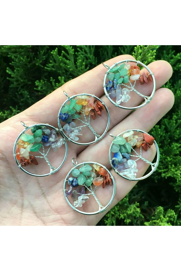 5pcs Yoga 7 Chakra Tree of life Stone Pendants Amulet GIft Natural Energy-default