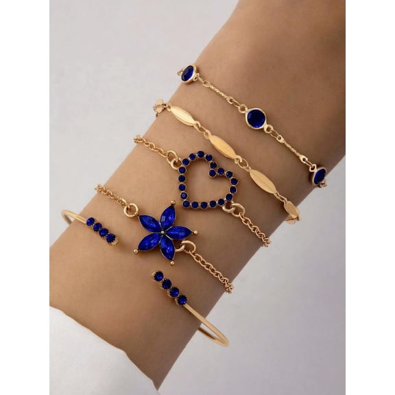 QQTDFG 5pcs/set Blue Rhinestone Flower & Heart Decor Bracelet Fashion Jewelry-default