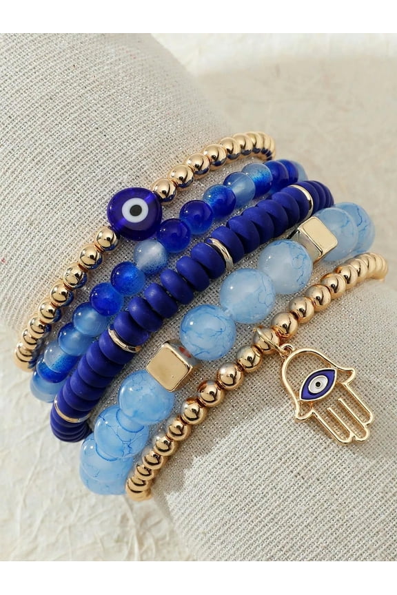 5pcs/set Bohemian Eye Detail Hamsa Hand Charm Beaded Bracelet For Women For-default