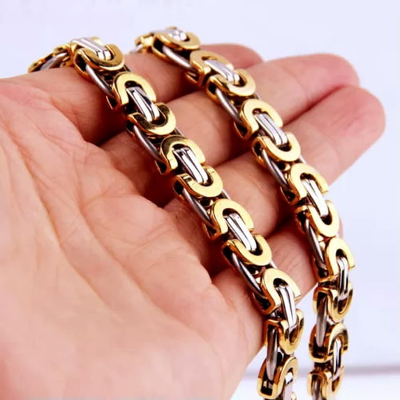 QQTDFG 6/8/10mm Cut Flat Byzantine Chain Stainless Steel Women Men Necklace or Bracelet-Silver Gold-6mm-22inch or 55cm