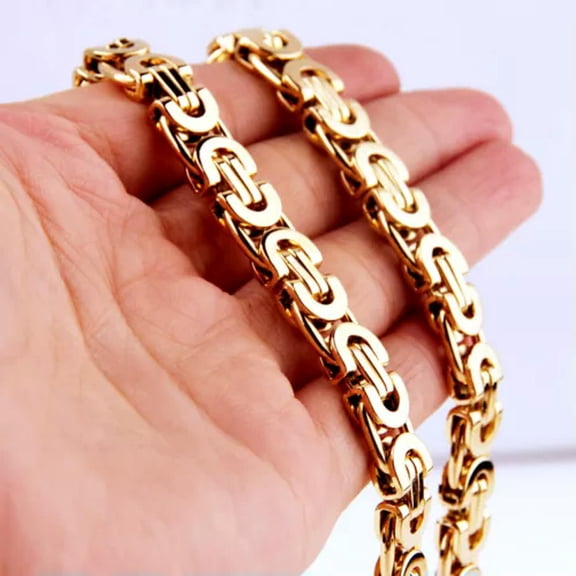 QQTDFG 6/8/11mm Men's Flat Byzantine Chain Necklace 316L Stainless Steel 8"-40" HOTSALE-Gold-8mm-18inch or 45cm