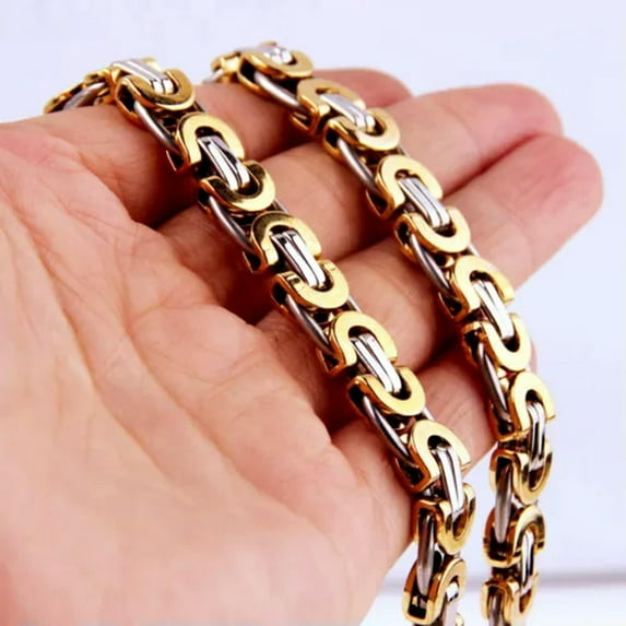 QQTDFG 6/8/11mm Men's Flat Byzantine Chain Necklace 316L Stainless Steel 8"-40" HOTSALE-Silver Gold-11mmm-8inch bracelet