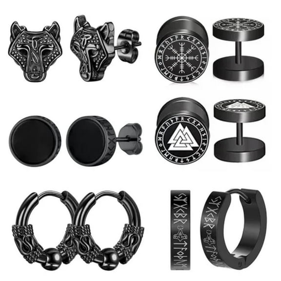 QQTDFG 6-9Pair Men Viking Earrings Stainless Steel Stud Huggie Hoop Wolf Runes Piercing-Black 6 Pair