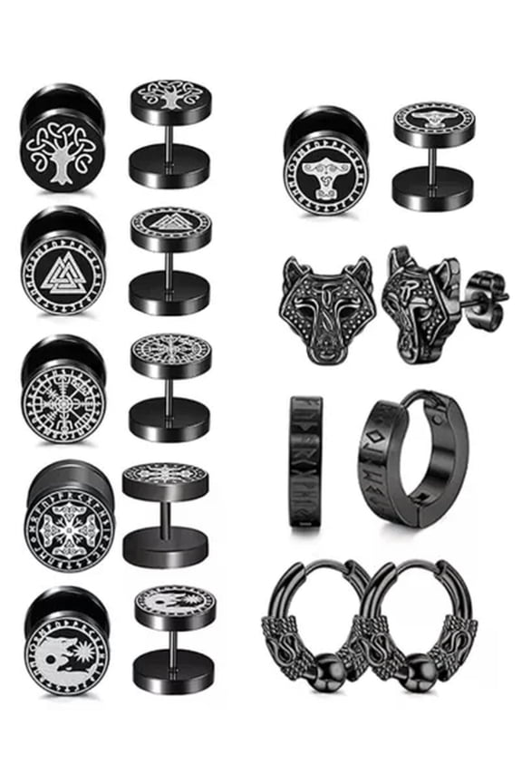 6-9Pair Men Viking Earrings Stainless Steel Stud Huggie Hoop Wolf Runes Piercing-Black 9 Pair