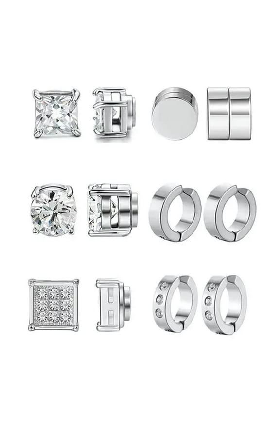 6 Pair Magnetic Stud Earrings for Men Women Stainless Steel Non Pierced Fake Set-Silver 6mm