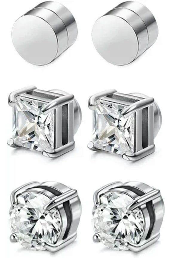 6 Pair Men Women Stainless Steel CZ Magnetic Stud Earrings Non Piercing Clip on-Silver 8mm