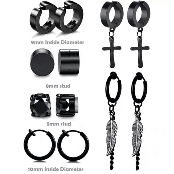 QQTDFG 6 Pair Men Women Stainless Steel Cross Hoop Stud Earrings Non Piercing Fake Ear-Black 8mm