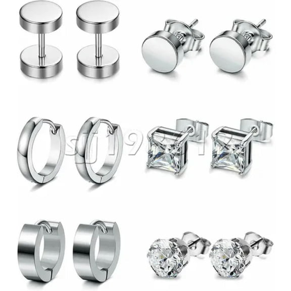 QQTDFG 6 Pair Silver CZ Stud Earrings for Women Men Stainless Steel Hoop Ear Piercing-Silver