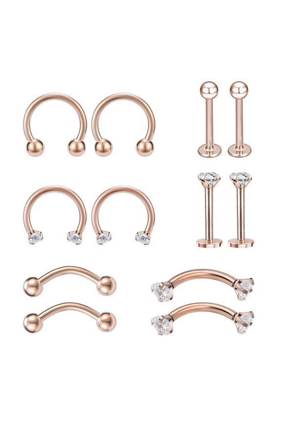 6 Pairs/Set Stainless Steel Septum Rings CZ Lip Ring Eyebrow Nose Ear Piercing-Rose gold