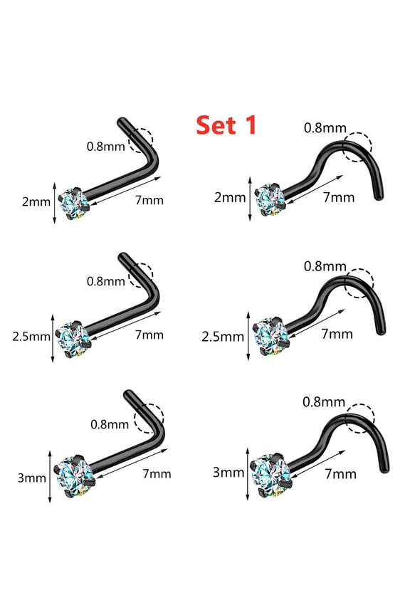 6 Pcs S/L-Shape Stainless Steel Nose Studs Halloween CZ Nostirl Piercing Jewelry-Set 1
