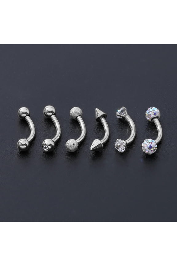 6 Pcs/lot Eyebrow Piercing Stainless Steel CZ Crystal Tragus Helix Ear Piercings-Silver