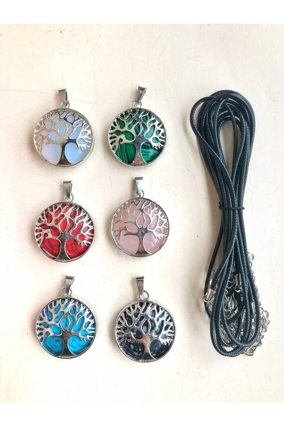 6PCS Mixed Gem Stone Crystal Tree Of Life Necklace Chakra Reiki Healing Amulet-default