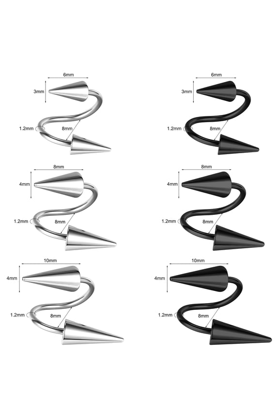 6Pcs/lot Spiral Nose Ring Surgical Steel Spike Lip Ring Eyebrow Helix Piercing-Silver&Black-8mm