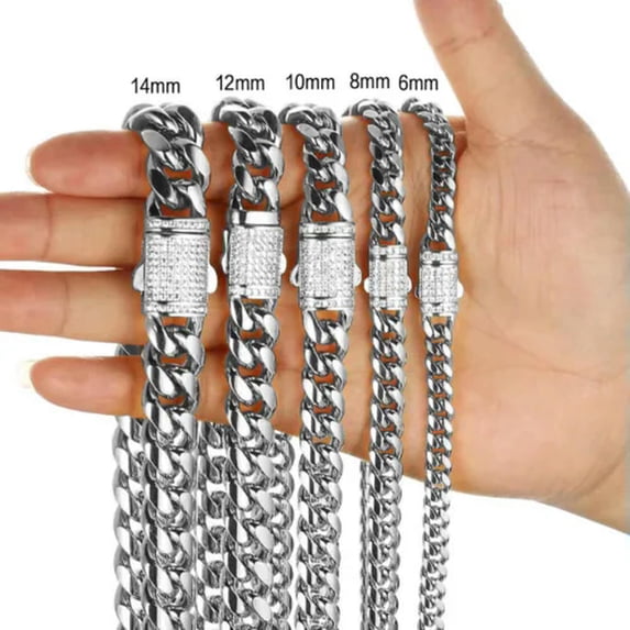 QQTDFG 6mm-14mm Mens Miami Cuban Link Chain SOLID Stainless Steel Necklace or Bracelet-Silver-8mm-7inch Bracelet