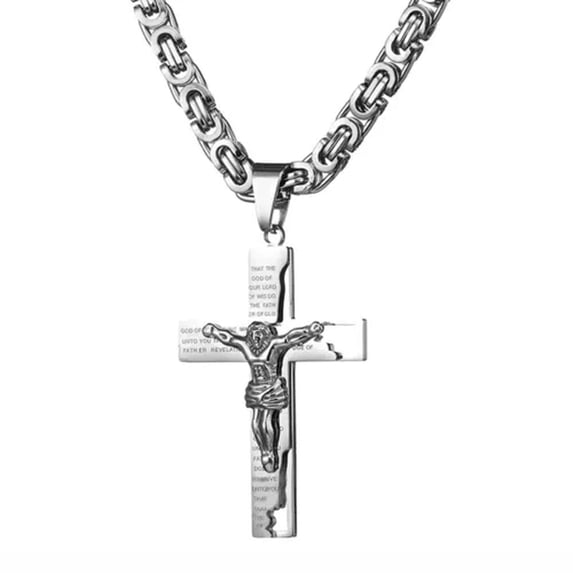 QQTDFG 6mm Flat Byzantine Chain Necklace For Men's Stainless Steel Jesus Cross Pendant-Silver-24 inch Necklace
