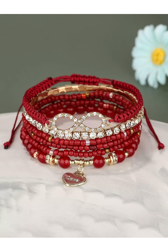 6pcs Infinity Charm Red Burgundy Beaded Bracelet Women Bracelet Stackable-default
