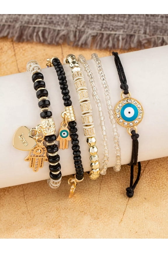 6pcs/set Boho Rhinestone Eye & Hamsa Hand Charm Black Gold Beaded Bracelet For-default