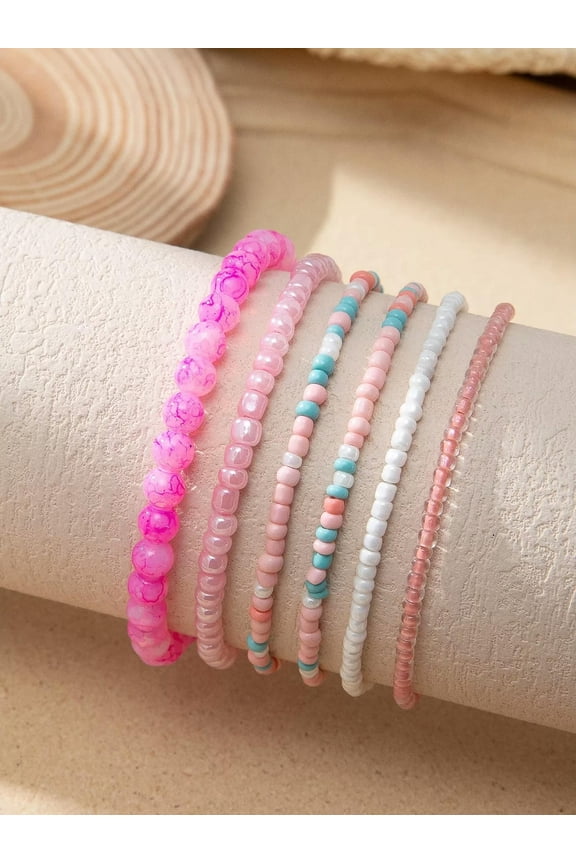 6pcs/set Colorful Pink Pattern Beaded Bracelet Women Bracelet Stackable Bracelet-default