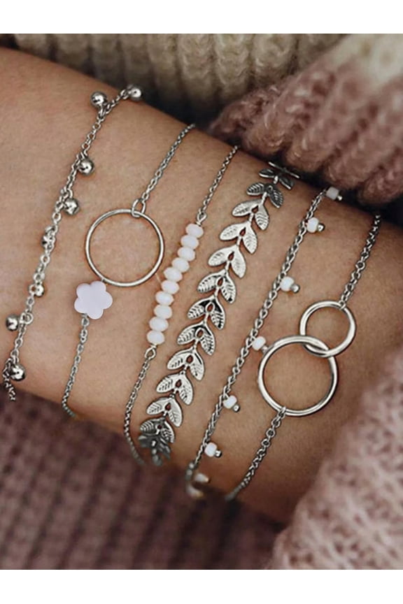 6pcs/set Tassel, Beads, Leaf & Geometric Pattern Beaded Bracelets Set For Women-default