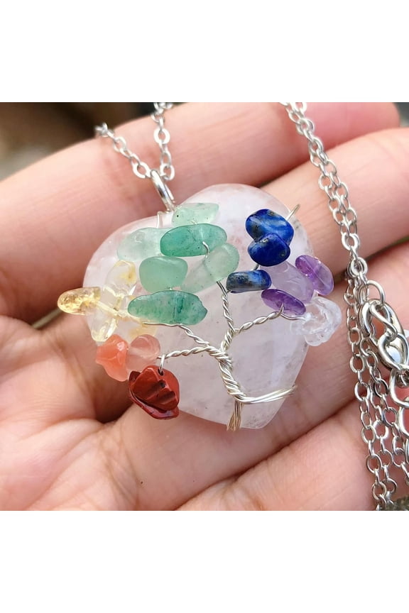 7 Chakra Rock Quartz Gem Stone Tree Of Life Heart Necklace Reiki Healing Amulet-default