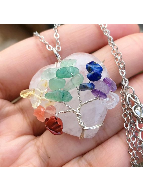 7 Chakra Rock Quartz Gem Stone Tree Of Life Heart Necklace Reiki Healing Amulet-default