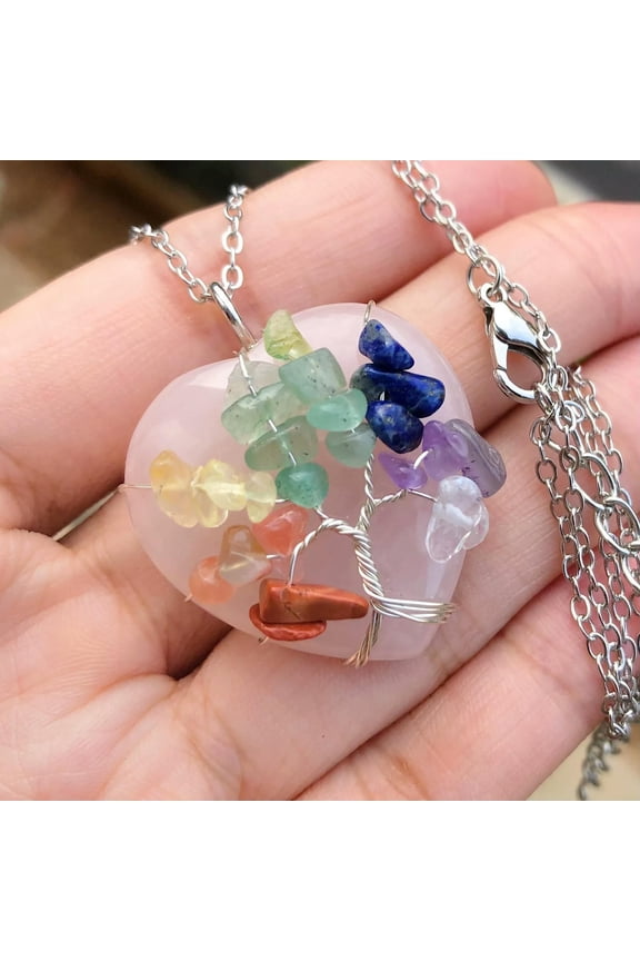 7 Chakra Rose Quartz Gem Stone Tree Of Life Heart Necklace Reiki Healing Amulet-default