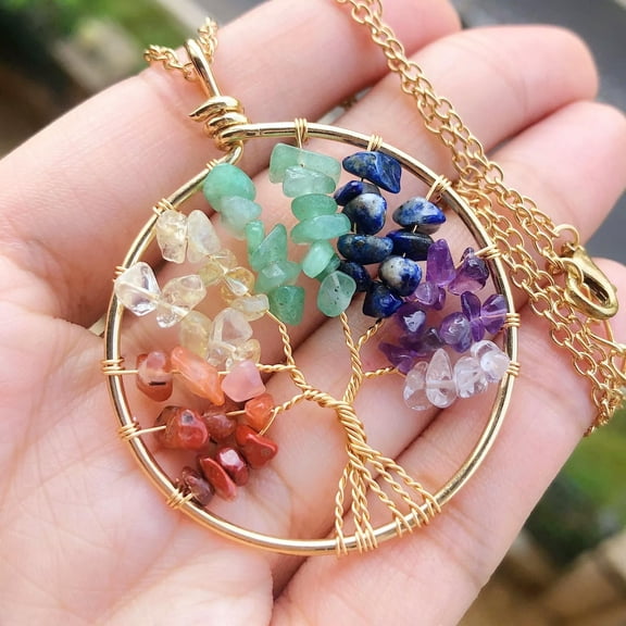QQTDFG 7 Charka Gem Tree Of Life Water-Drop Necklace Chakra Reiki Healing Amulet-default
