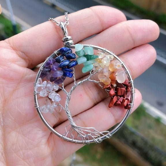 QQTDFG 7 Charka Stone Tree Of Life Pendant Necklace Chakra Reiki Healing Amulet-default