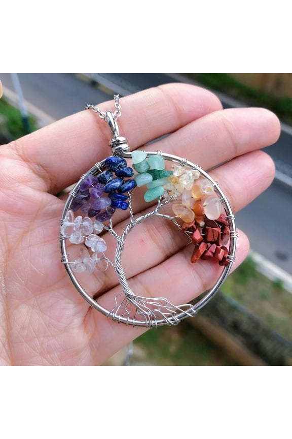 7 Charka Stone Tree Of Life Pendant Necklace Chakra Reiki Healing Amulet-default