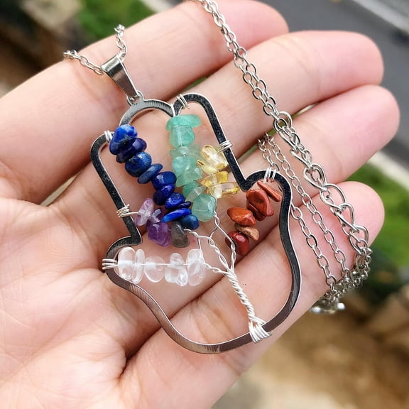 QQTDFG 7 Charka Tree Of Life Stone Palm Necklace Healing Reiki Amulet-default