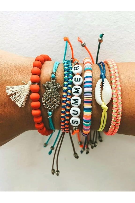 7pcs Summer Pineapple Decor Bead Decor Bracelet Women Bracelet Stackable-default