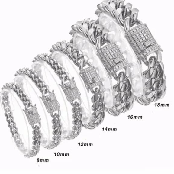QQTDFG 8/10/12/14/16/18MM Hot Women Men Stainless Steel CZ Buckle Miami Chain Bracelet-Silver-8mm wide-10.5 inch