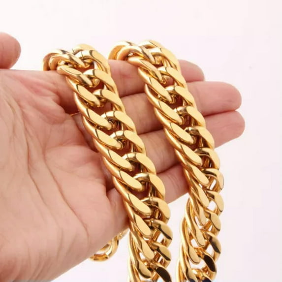 QQTDFG 8/10/12/14/16/18mm Heavy 18K Gold Tone Stainless Steel Mens Chain Curb Necklace-16mm-16 inch necklace