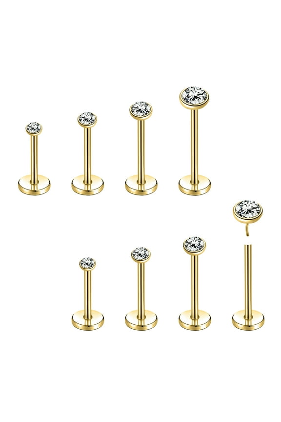 8-10 Pcs Stainless Steel Labret Lip Rings Claw CZ Threadless Ear Helix Piercing-Round (Gold-0.8mm-8PCS)