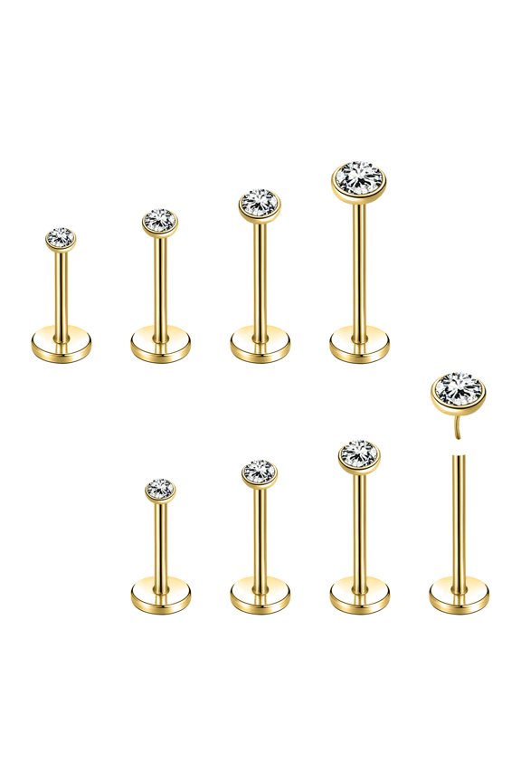 8-10 Pcs Stainless Steel Labret Lip Rings Claw CZ Threadless Ear Helix Piercing-Round (Gold-1.0mm-8PCS)