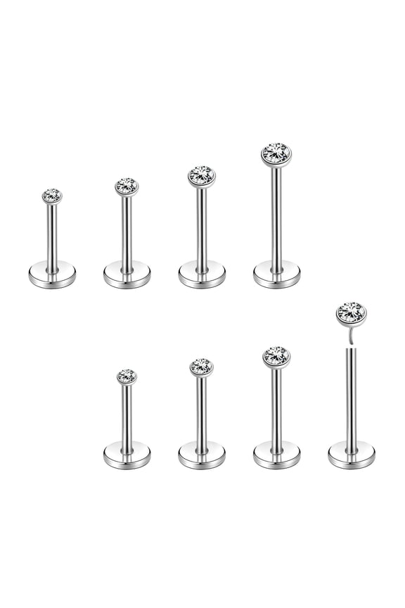 8-10 Pcs Stainless Steel Labret Lip Rings Claw CZ Threadless Ear Helix Piercing-Round (Silver-0.8mm-8PCS)